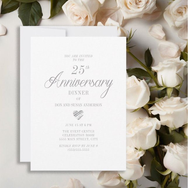 Invitation Cœur Argenté Blanc Élégant 25e Anniversaire (Elegant white 25th wedding anniversary invitation)