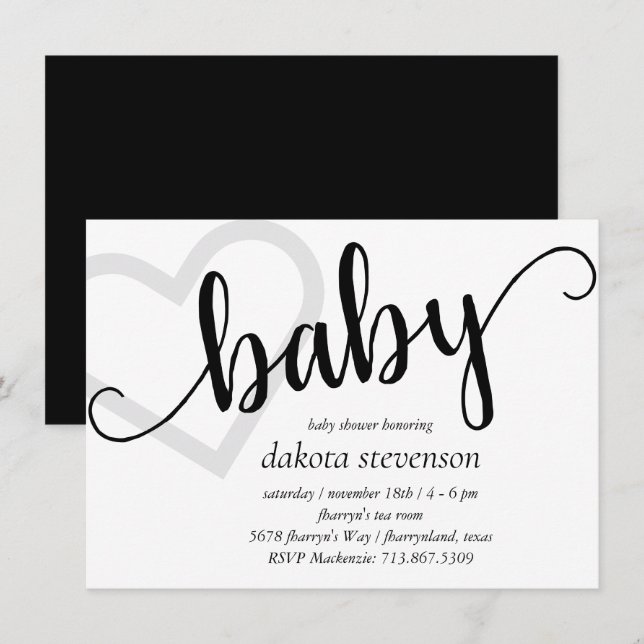 Invitation Coeur bébé | Classic Black Script Shower or Reveal (Devant / Derrière)