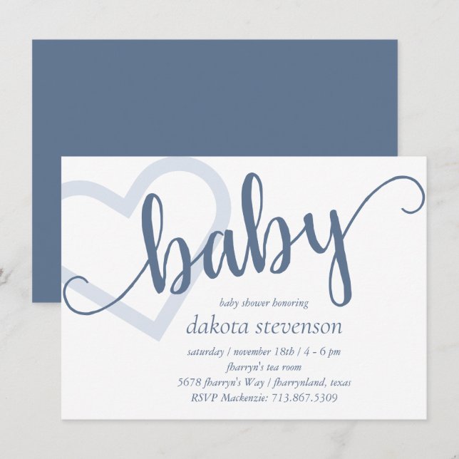 Invitation Coeur bébé | Dusty Ardoise Bleu Flourdissant Scrip (Devant / Derrière)