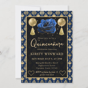 Invitation Cœur Bleu et Or Damassé et Rose Quinceanera