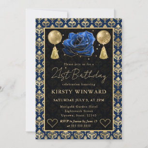 Invitation Cœur Bleu & Or Damassé & Rose 21e Anniversaire