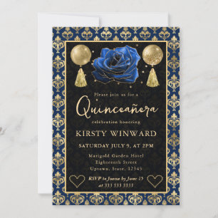 Invitation Cœur Bleu & Or Damassé & Rose Quinceanera