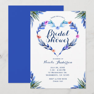 Invitation Cœur botanique floral bleu vif aquarelle