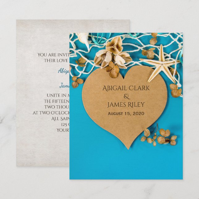 Invitation coeur brun et mariage d'étoiles de mer (Devant / Derrière)