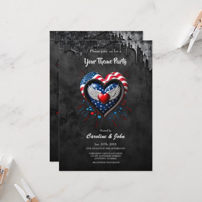 Invitation Coeur dans les couleurs du drapeau américain. (Devant/Arrière en situation)