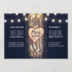 Invitation coeur d'arbre rustique et lumières à cordes