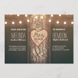 Invitation coeur d'arbre rustique et lumières à cordes