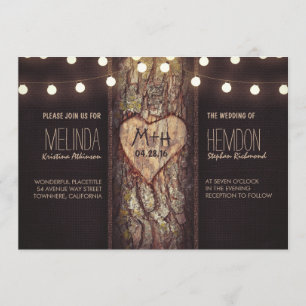Invitation coeur d'arbre rustique et lumières à cordes