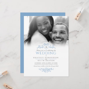Invitation Coeur d'art de la feuille monogramme bleu photo ma