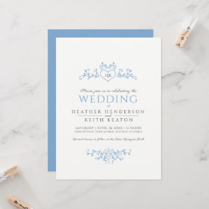 Invitation Coeur d'art de ligne feuille monogramme bleu clair
