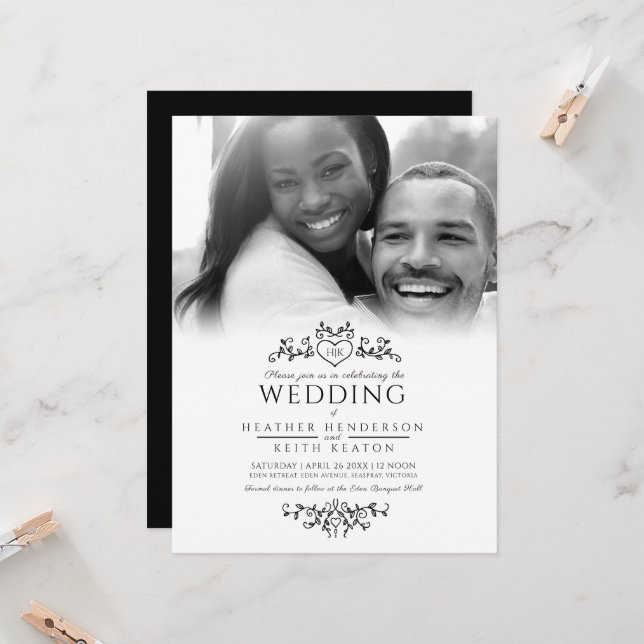 Invitation Coeur d'art feuille monogramme noir photo mariage (Devant/Arrière en situation)