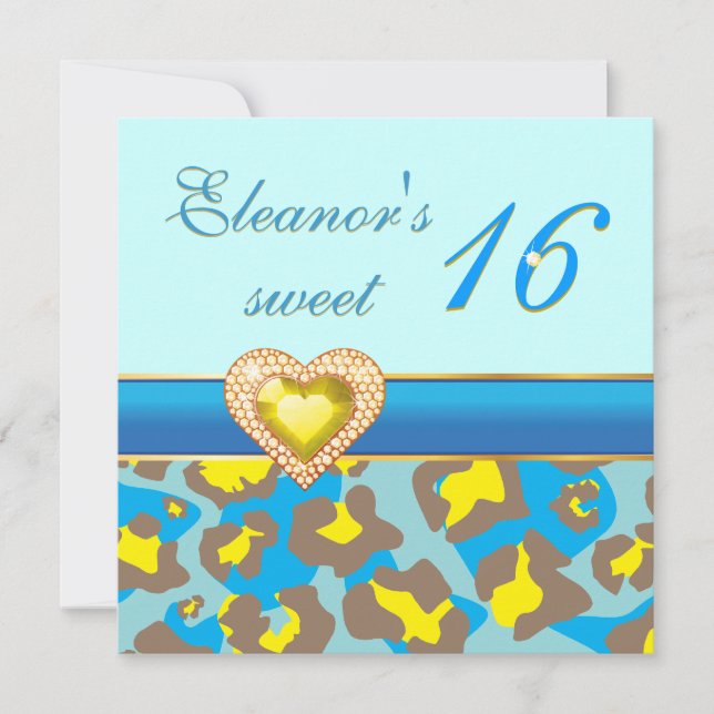 Invitation coeur de bijou léopard bleu sweet sixteen (Devant)