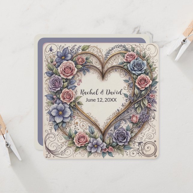 Invitation Coeur de calligraphie avec Roses Mariages (Devant/Arrière en situation)