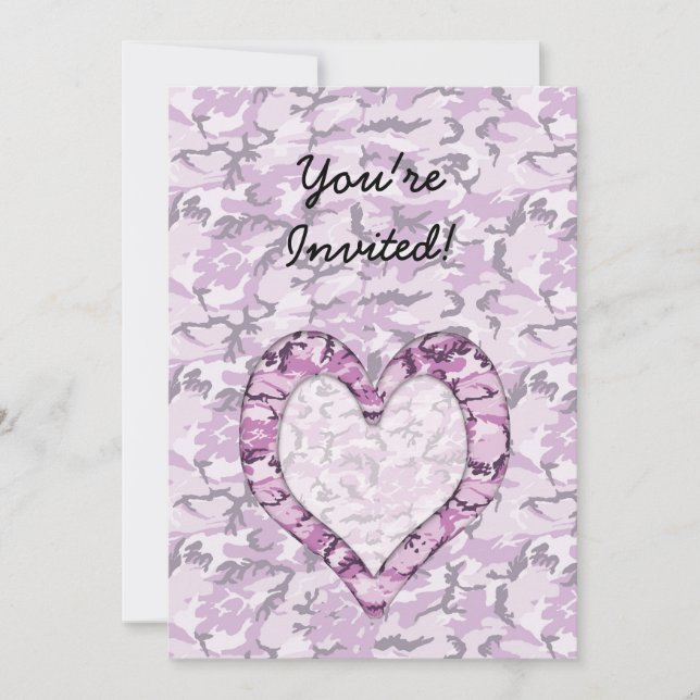Invitation Coeur de camouflage rose/pourpre du bois sur Camo (Devant)