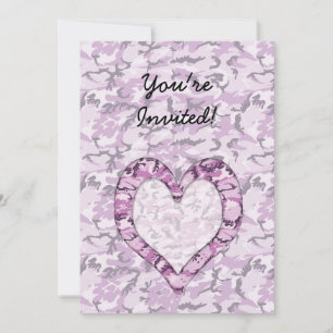 Invitation Coeur de camouflage rose/pourpre du bois sur Camo