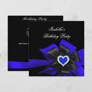 Invitation Cœur de diamant bleu royal Nœud noir Fête d'annive