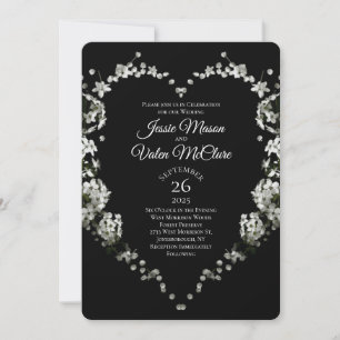 Invitation Coeur de fleurs noir et blanc Mariage gothique