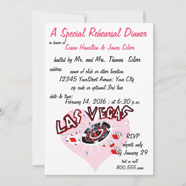 Invitation Coeur de rose de thème de casino de dîner de (Devant)
