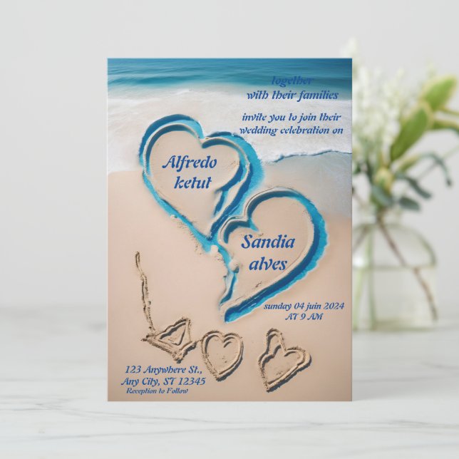 Invitation coeur d'été plage océan bleu mariage (Debout devant)