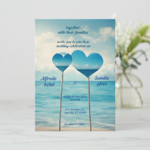 Invitation coeur d'été plage océan bleu mariage