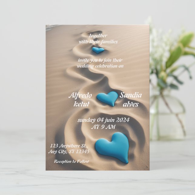 Invitation coeur d'été plage océan bleu mariage (Debout devant)