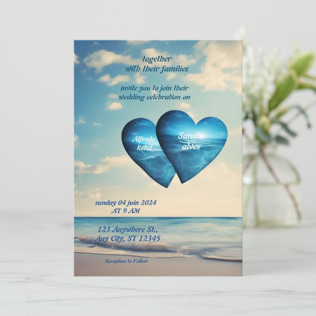Invitation coeur d'été plage océan bleu mariage (Debout devant)