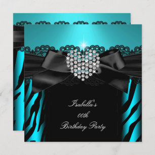 Invitation Coeur Diamant bleu turquoise Zebra Anniversaire Pa