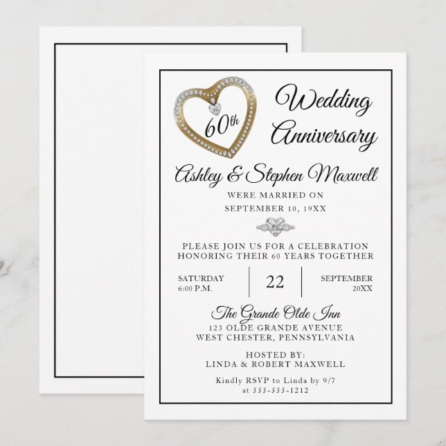 Invitation Coeur Diamonds 60e anniversaire de Mariage (Devant / Derrière)