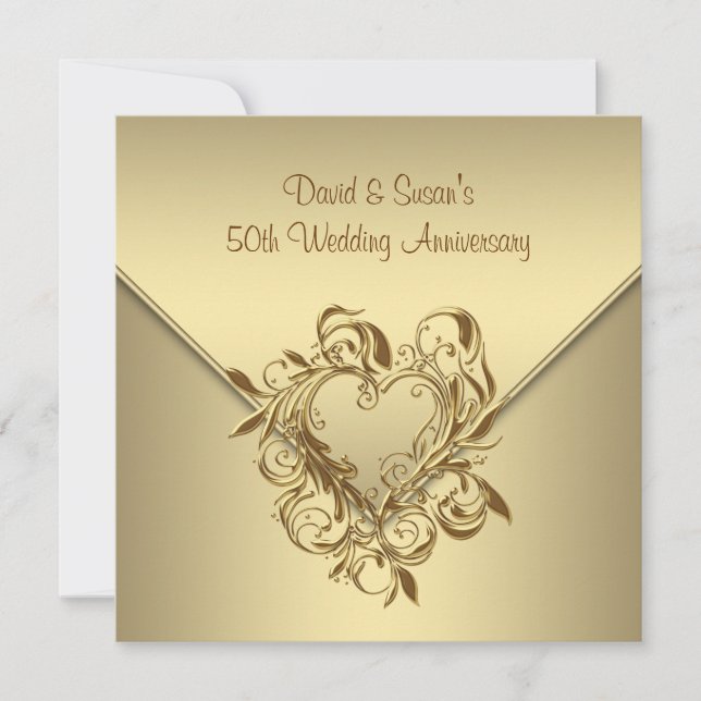Invitation Cœur d'or Élégant Or 50e Anniversaire de Mariage (Devant)