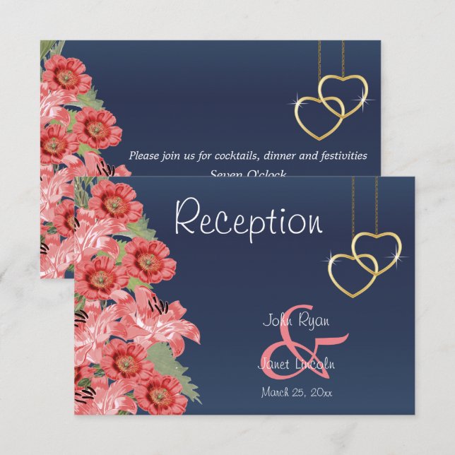 Invitation Coeur d'or et fleurs de corail - Réception (Devant / Derrière)