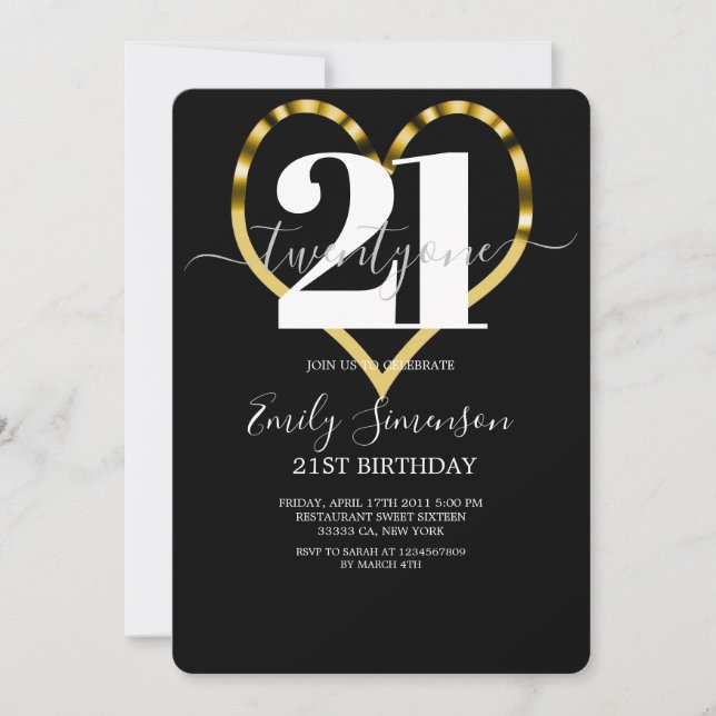 Invitation Coeur d'or moderne minimaliste 21e anniversaire (Devant)
