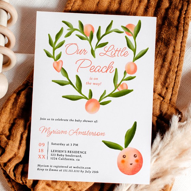 Invitation Coeur doux moderne mignon petit baby shower de pêc (Sweet heart modern cute little peach baby shower invitation)