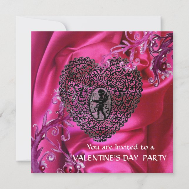 INVITATION CŒUR EN DENTELLE CUPIDON SUR TISSU DE SOIE ROSE FU (Devant)