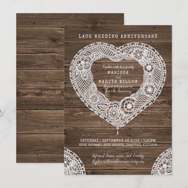 Invitation Cœur en dentelle rustique 13e anniversaire de mari (Devant / Derrière)