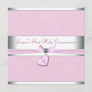 Invitation Cœur en spirale rose croix rose première communion