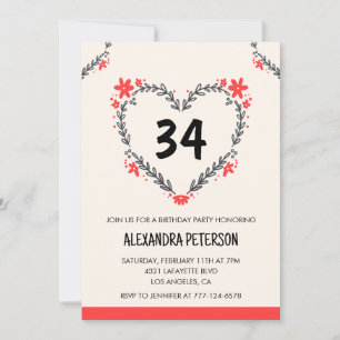 Invitation Cœur floral moderne tout âge pour ses 34 ans