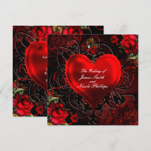 Invitation Cœur Floral Ornemental Noir et Rouge Romance Gothi