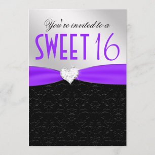 Invitation Coeur floral pourpre et noir de diamant de damassé