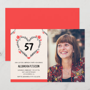 Invitation Cœur floral rouge élégant pour son 57e anniversair