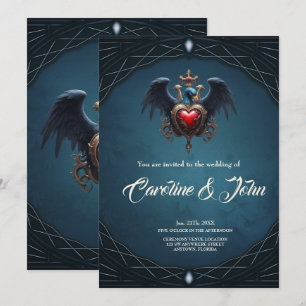Invitation Coeur gothique élégant avec oiseau imaginaire.