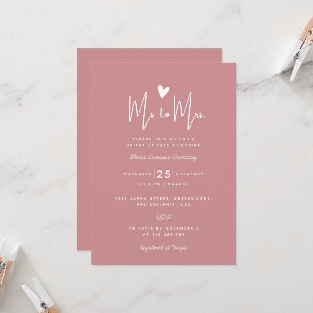 Invitation Coeur Mme à Mme Fête des mariées Puce Pink (Devant/Arrière en situation)