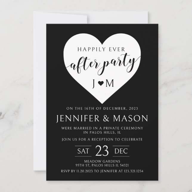 Invitation Coeur noir blanc heureux toujours après la fête (Devant)
