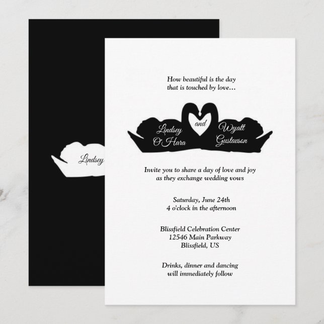 Invitation Cœur noir et blanc & cygnes Mariage minimal modern (Devant / Derrière)