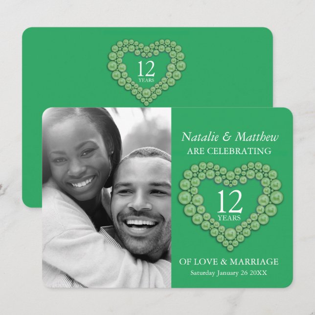 Invitation Cœur perlé de vert de jade 12e anniversaire de mar (Devant / Derrière)