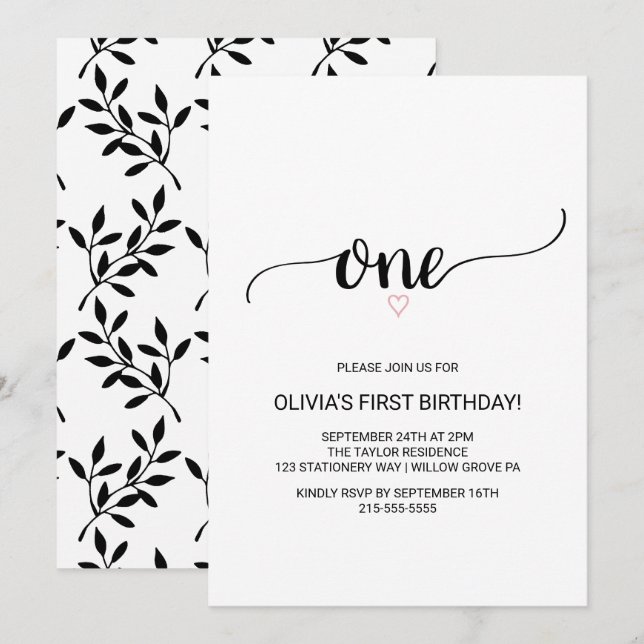 Invitation Coeur rose | Calligraphie noire Premier anniversai (Devant / Derrière)