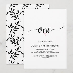 Invitation Coeur rose   Calligraphie noire Premier anniversai