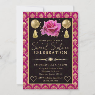Invitation Cœur rose et or damassé et rose pour un Sweet Sixt