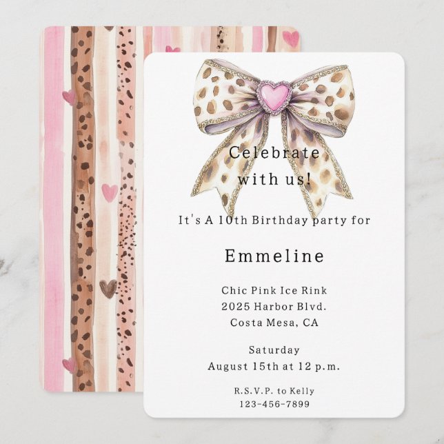 Invitation Coeur rose léopard fille Bow Anniversaire (Devant / Derrière)