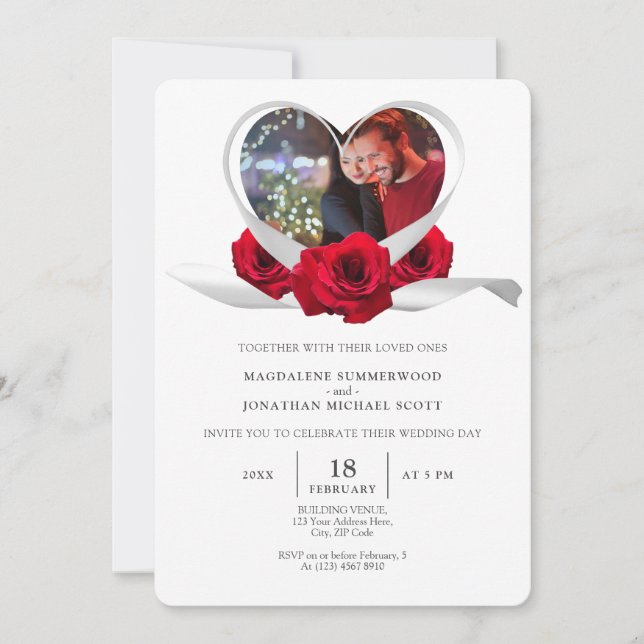Invitation Coeur rose rouge avec photo Romantique Ruban blanc (Devant)