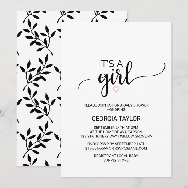 Invitation Coeur rose | Simple calligraphie noire C'est une f (Devant / Derrière)